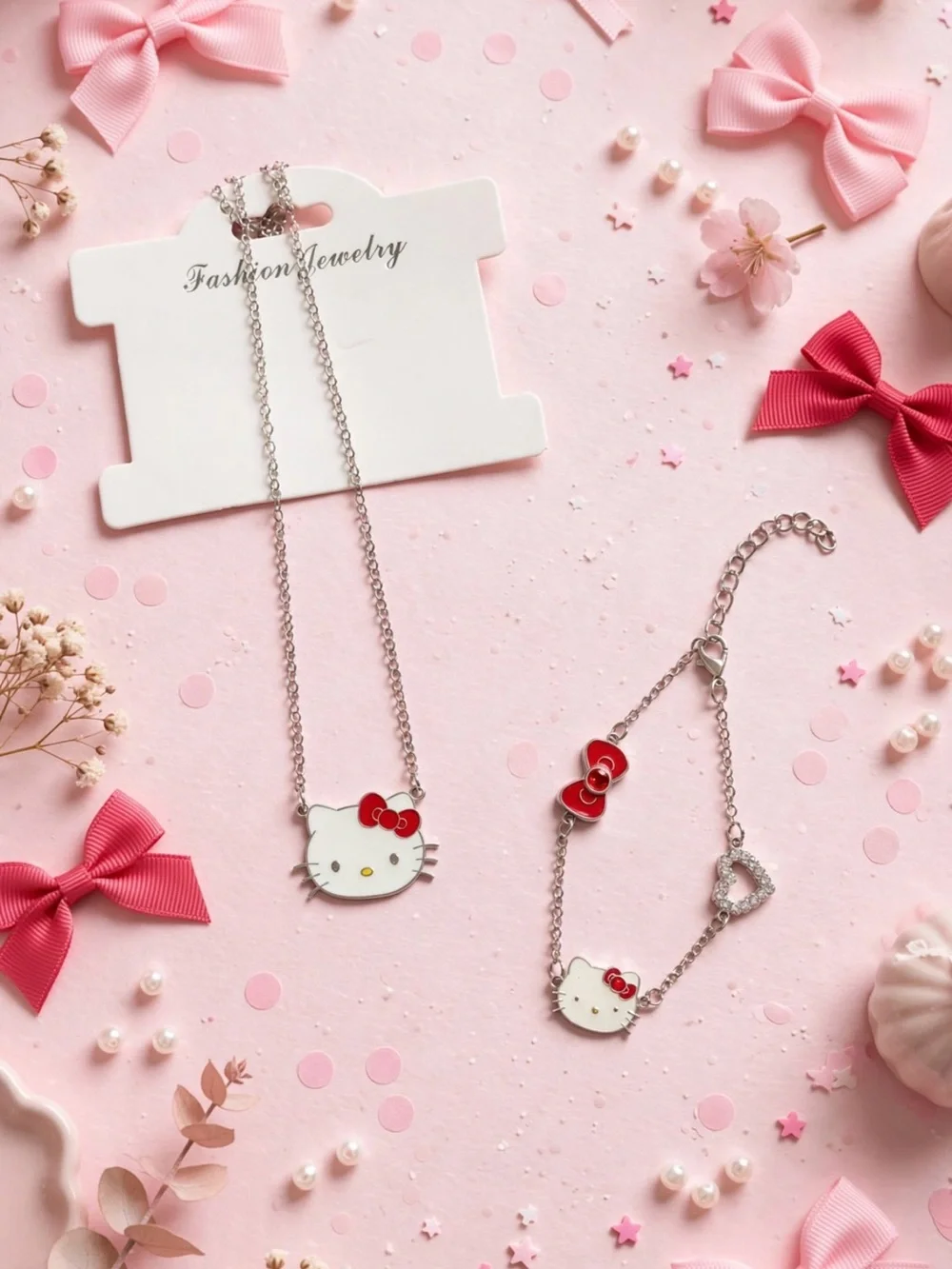 Sanrio Hello Kitty Silver Necklace and Bracelet Set with Red and White Accents